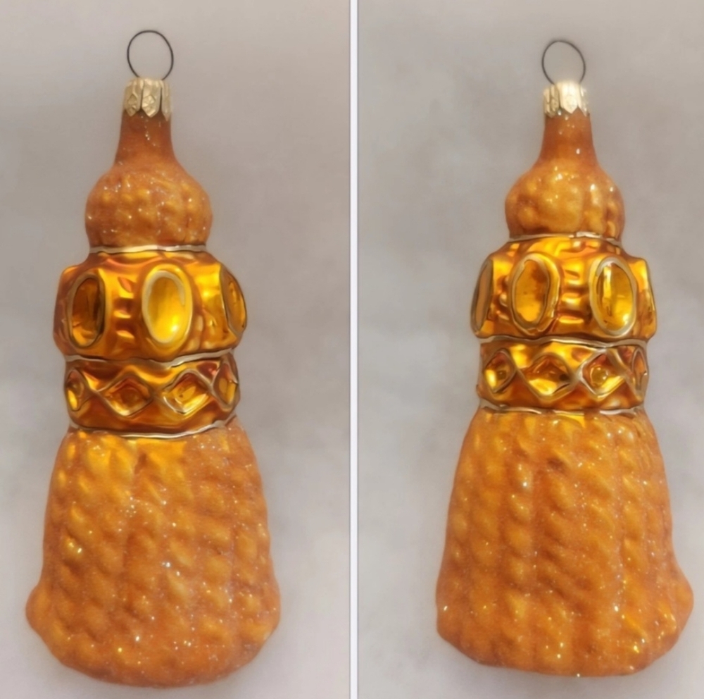 Christopher Radko Gold Fancy Fringe Tassel Glass Ornament, Hand-painted Like New